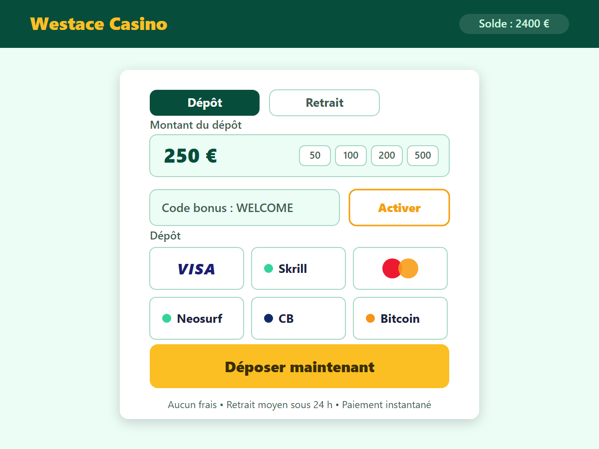 Page de dépôt Westace Casino — méthodes de paiement