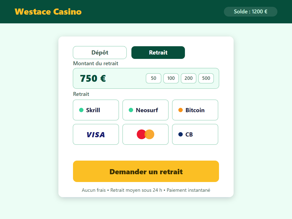 Page de dépôt Westace Casino — méthodes de paiement